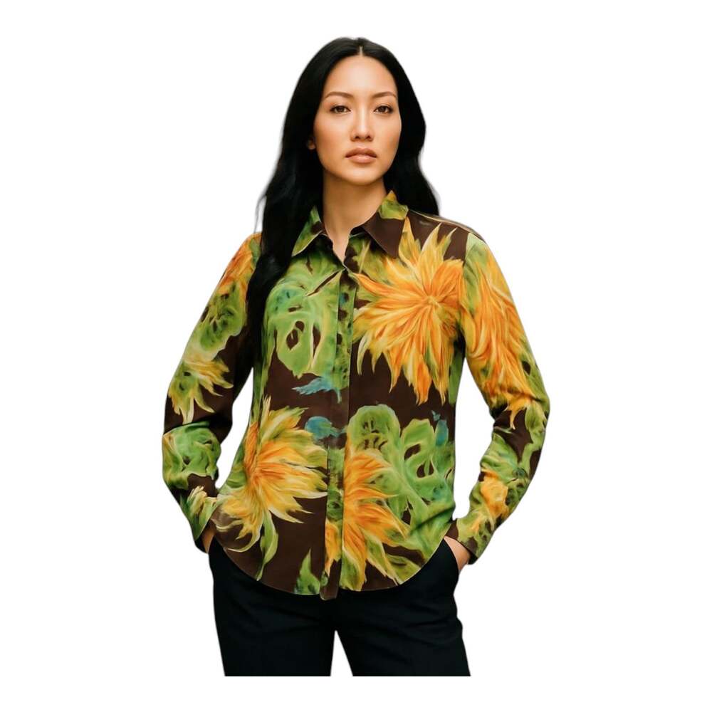 VICTORIA SECRET Women S Silk Blouse Tropical Floral Crystal Buttons 36"